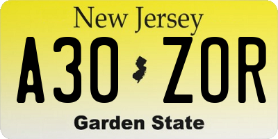 NJ license plate A30ZOR