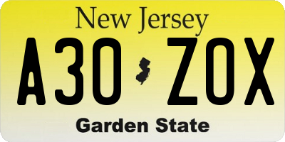 NJ license plate A30ZOX