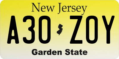 NJ license plate A30ZOY