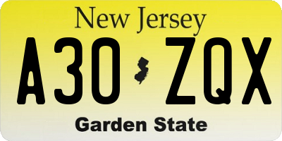 NJ license plate A30ZQX