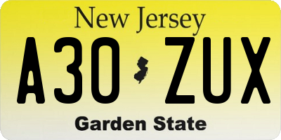NJ license plate A30ZUX