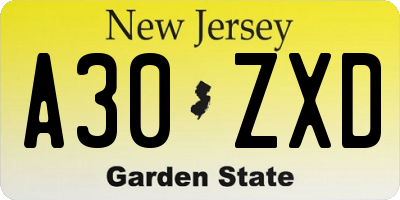 NJ license plate A30ZXD