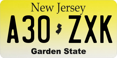 NJ license plate A30ZXK