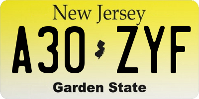 NJ license plate A30ZYF