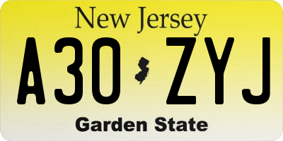 NJ license plate A30ZYJ