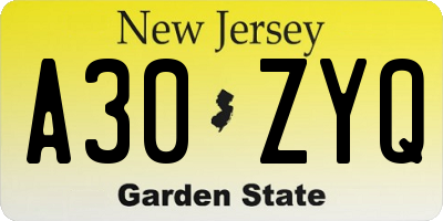 NJ license plate A30ZYQ