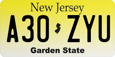 NJ license plate A30ZYU