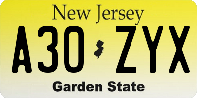 NJ license plate A30ZYX