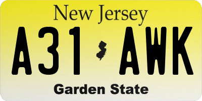 NJ license plate A31AWK