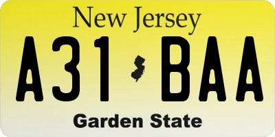 NJ license plate A31BAA