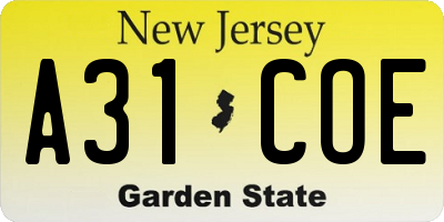 NJ license plate A31COE