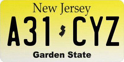 NJ license plate A31CYZ