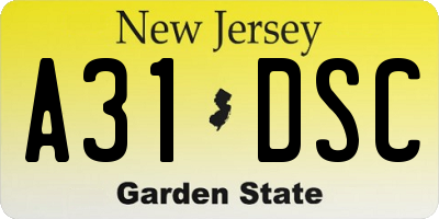 NJ license plate A31DSC
