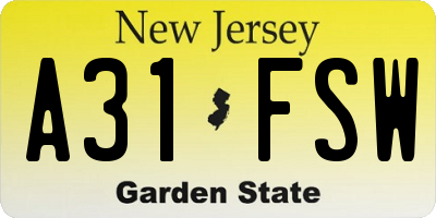 NJ license plate A31FSW