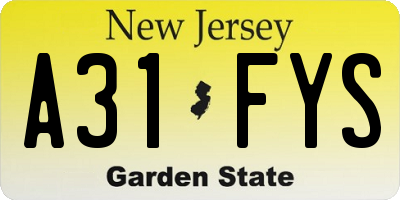 NJ license plate A31FYS