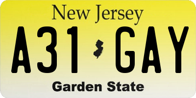 NJ license plate A31GAY