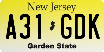 NJ license plate A31GDK