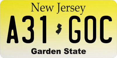 NJ license plate A31GOC