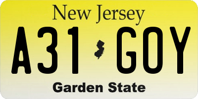 NJ license plate A31GOY