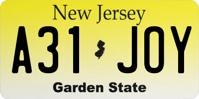 NJ license plate A31JOY