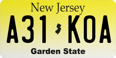 NJ license plate A31KOA