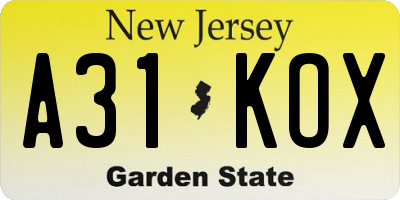 NJ license plate A31KOX