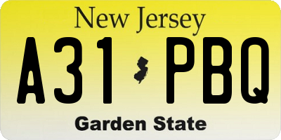 NJ license plate A31PBQ