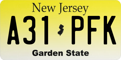 NJ license plate A31PFK