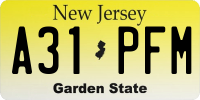 NJ license plate A31PFM
