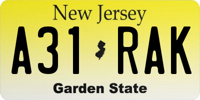 NJ license plate A31RAK
