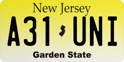 NJ license plate A31UNI