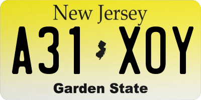 NJ license plate A31XOY