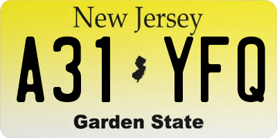 NJ license plate A31YFQ
