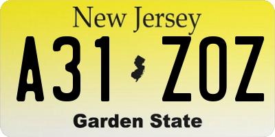 NJ license plate A31ZOZ