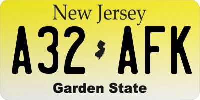 NJ license plate A32AFK