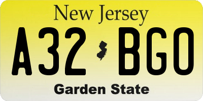 NJ license plate A32BGO