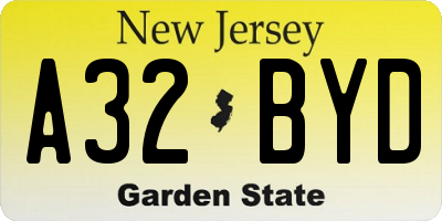 NJ license plate A32BYD