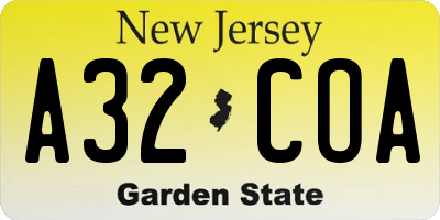 NJ license plate A32COA