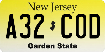 NJ license plate A32COD