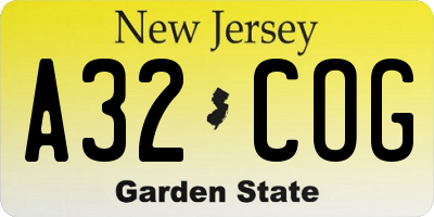 NJ license plate A32COG
