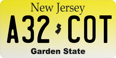 NJ license plate A32COT
