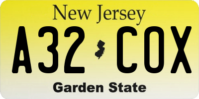 NJ license plate A32COX