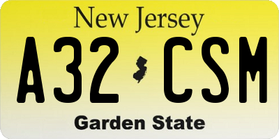 NJ license plate A32CSM