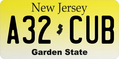 NJ license plate A32CUB