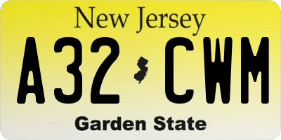 NJ license plate A32CWM