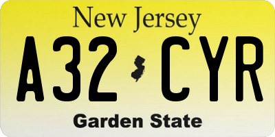 NJ license plate A32CYR