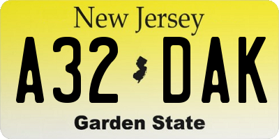 NJ license plate A32DAK