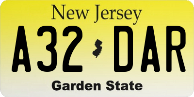 NJ license plate A32DAR