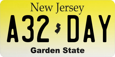 NJ license plate A32DAY