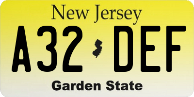 NJ license plate A32DEF